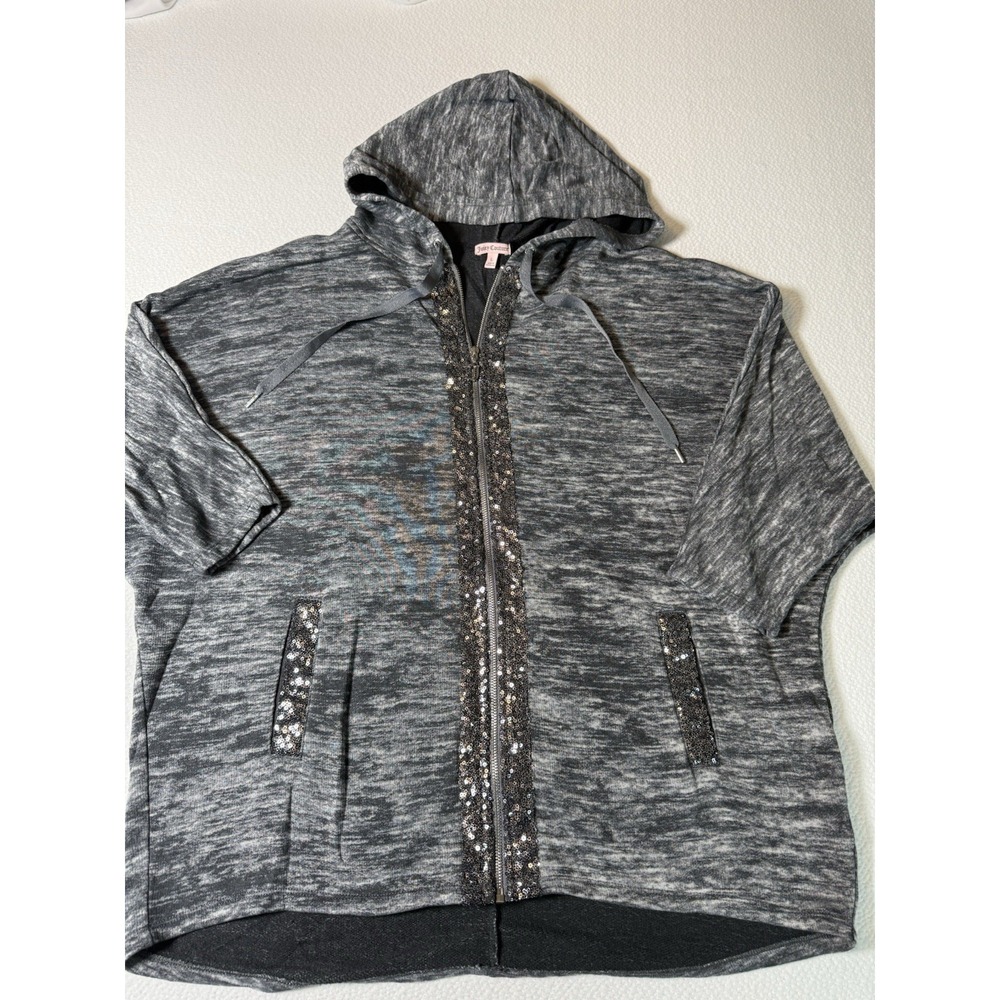 Juicy Women's Hoodie Size L Gray Sequin Trim Full Zip Glitter Embellished